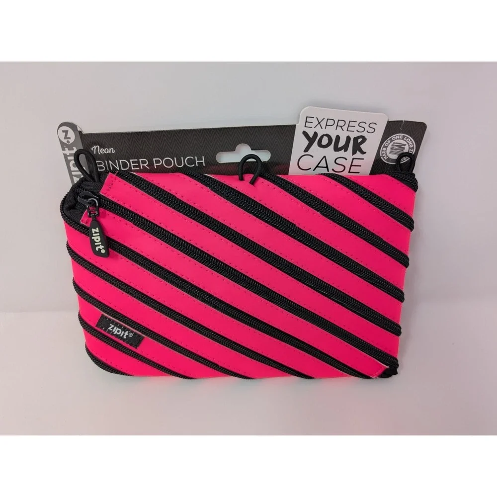 Zipit 3-Ring Binder‎ Pouch Neon Pink Made Of One Long Zipper Pencil Case NEW